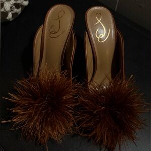 Sam Edelman Anthony Pom Pom Brown Feathered Mules
